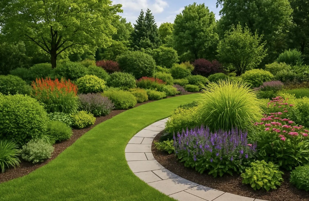 Professional landscaping services in Dunwoody, GA featuring curved garden pathways and lush plantings
